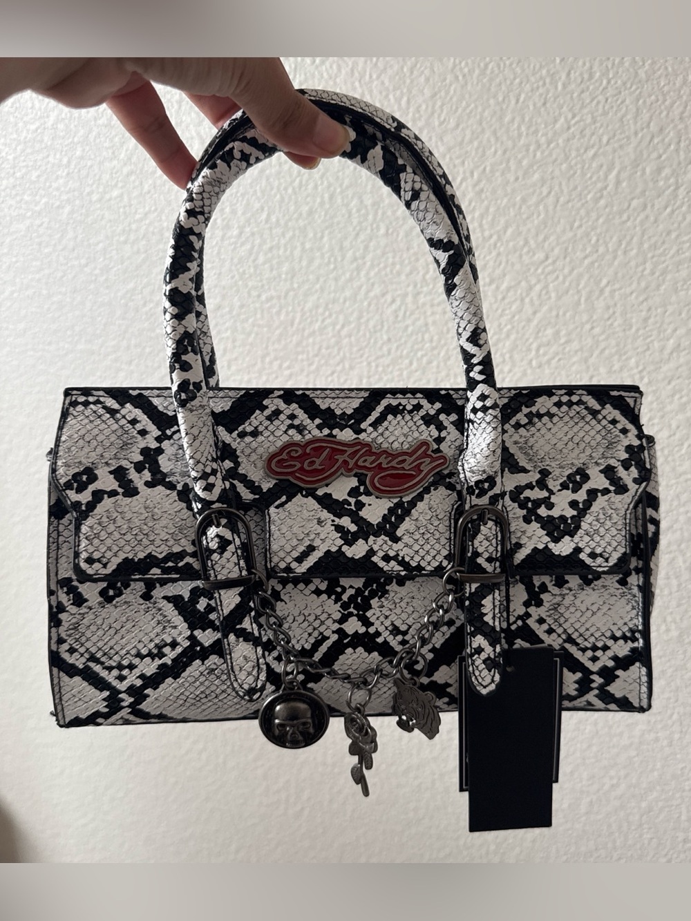 Ed Hardy Black & White Snake Print Satchel with Charm Accents